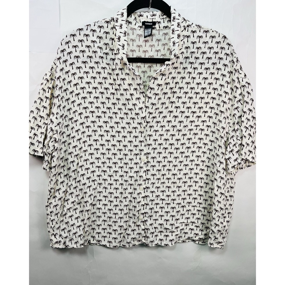 Express Cropped Boxy Palm Tree Button‎ Up Top Sz Large Beach Lightweight Flowy